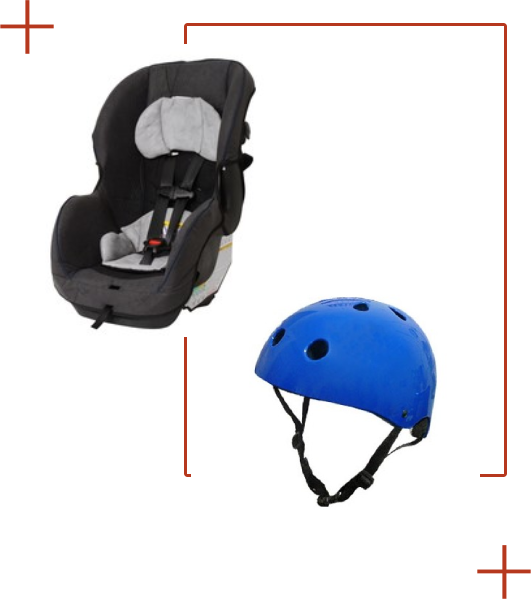 A car seat and helmet are shown side by side.