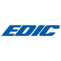 A blue and white logo of edic