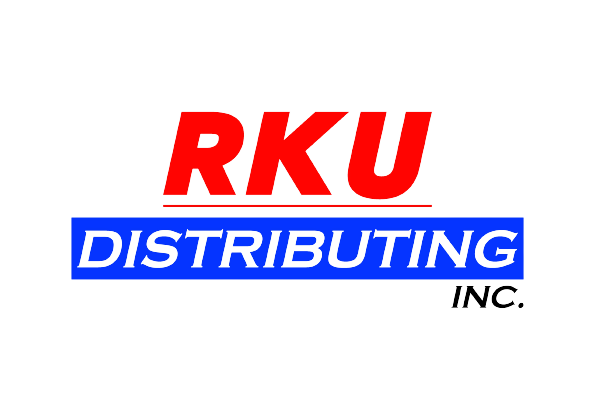 A red and blue logo for rku distributing inc.