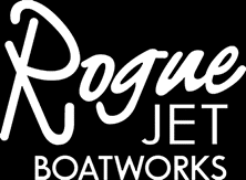 A black and white photo of the logo for rogue jet boatworks.