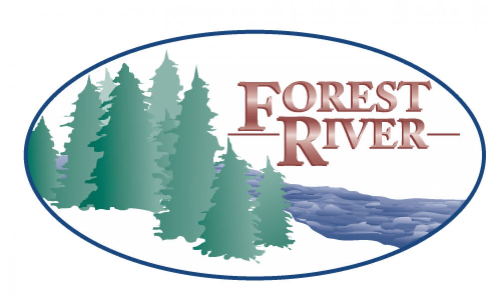 A forest river logo with trees and water in the background.