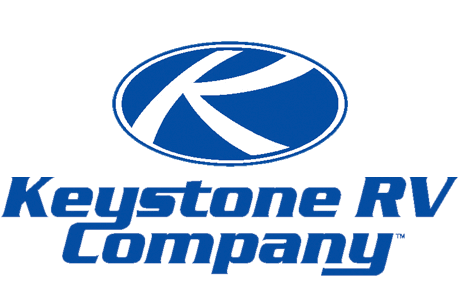 A blue and white logo of keystone k company